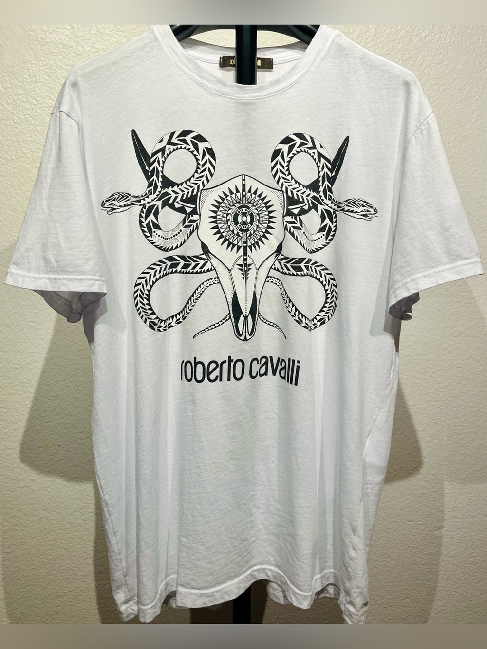 Roberto Cavalli White Tee with Black Snake and Skull Graphic - Size L (Men’s)